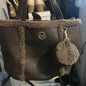 Brown Tote Bag with Shearling Trim